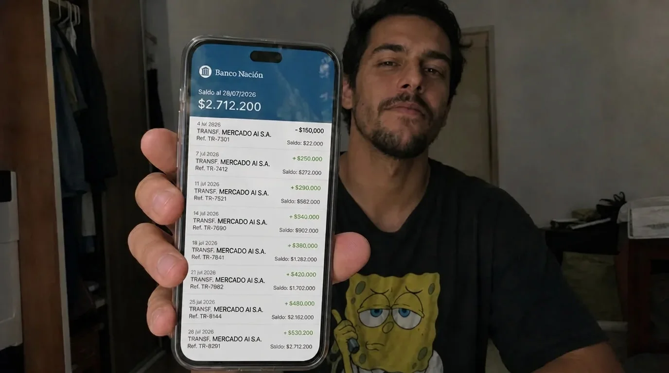 Diego Castellano muestra la app del Banco Nación con transferencias de Eisen Peak S.A.